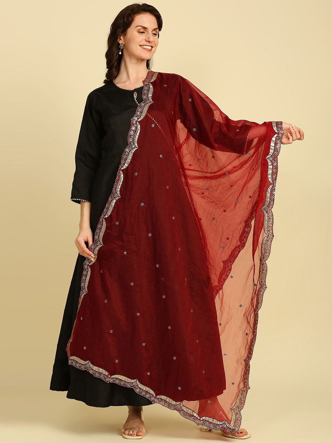 Dupatta Bazaar Floral Embroidered Organza Dupatta With Sequinned
