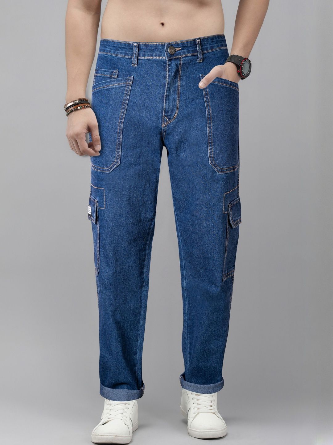 RIG BONE Men Comfort Relaxed Fit Mid-Rise Clean Look Non Stretchable Cargo Styles Jeans