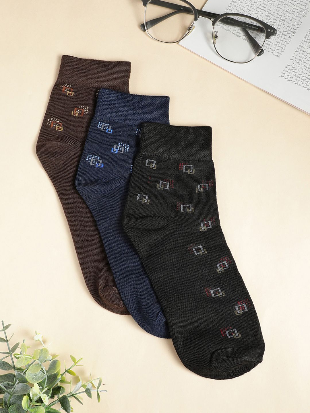 Teakwood Leathers Men Pack Of 3 Pure Cotton Patterned Above Ankle-Length Socks