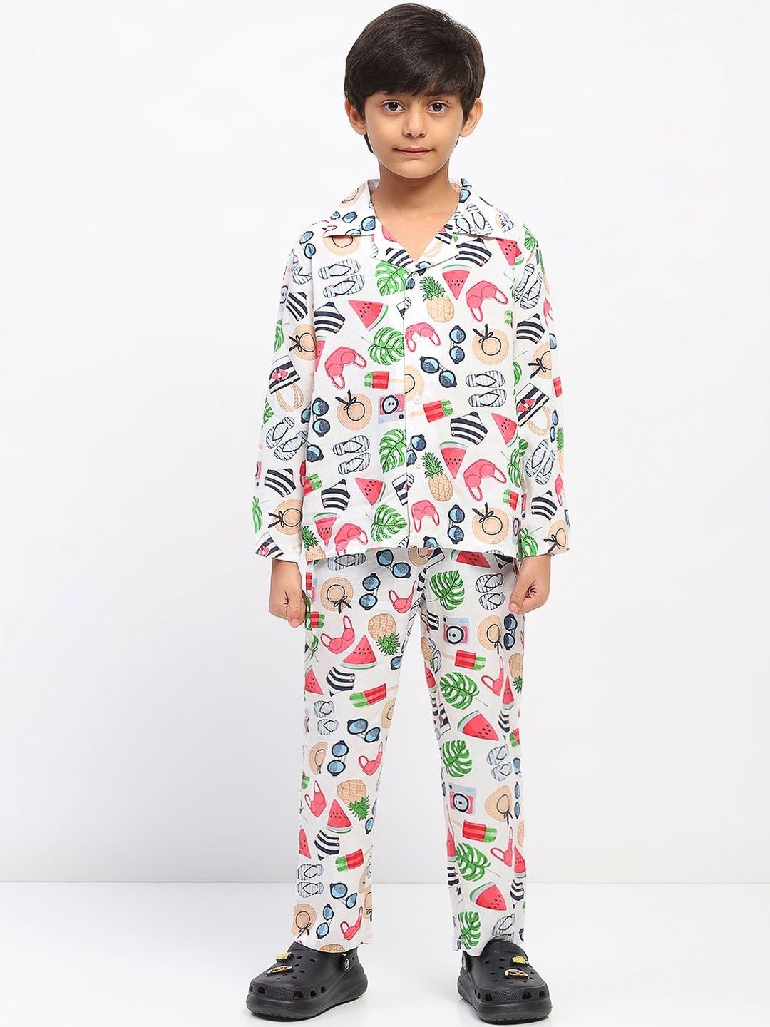 SPUNKIES Boys Graphic Printed Lapel Collar Shirt & Pyjama Night suit