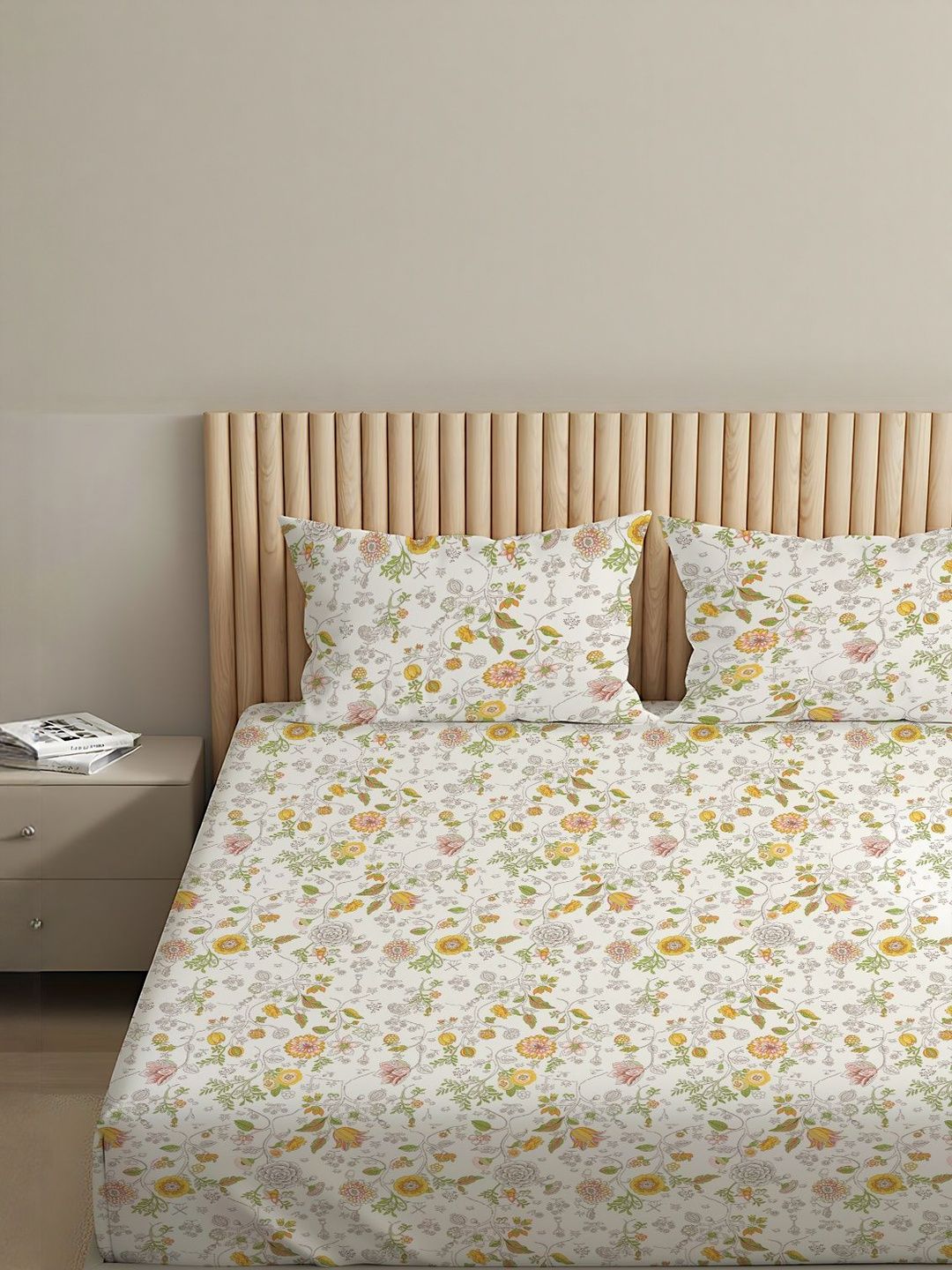 Buy LIVSPACE Pure Nest Yellow & White Printed Cotton 144 TC Double