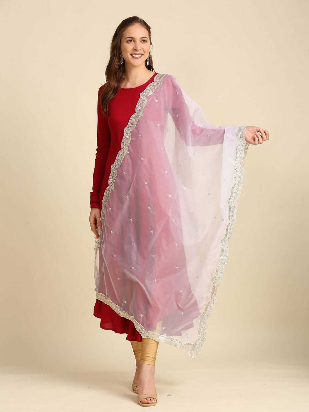 Dupatta Bazaar Floral Embroidered Organza Dupatta with Sequinned