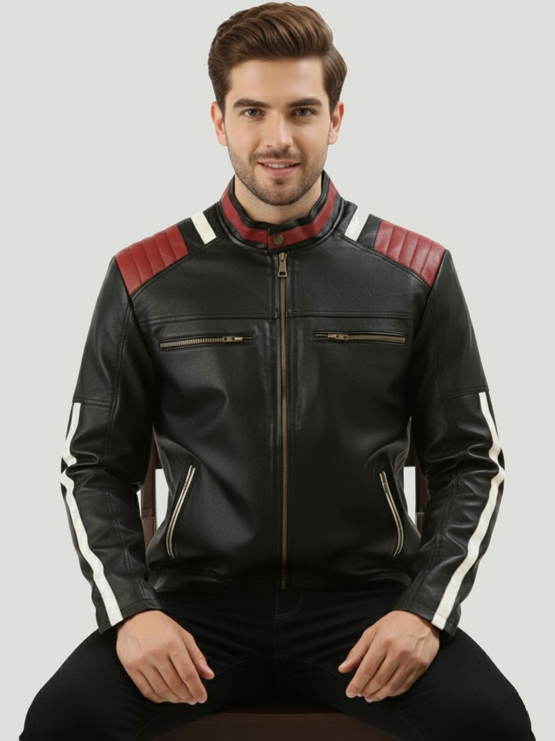 Leather Retail Lightweight Mandarin Collar Biker Jacket