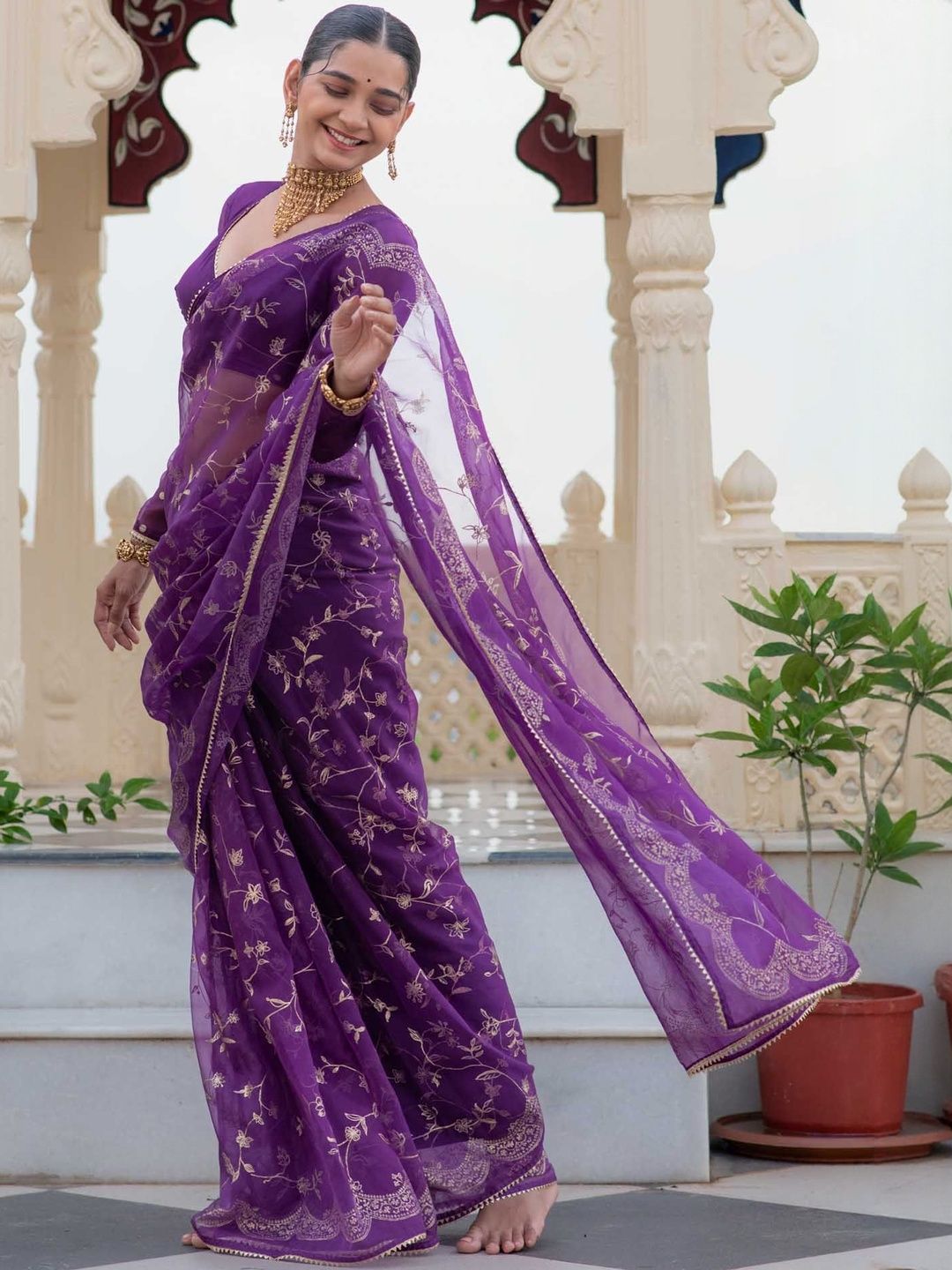 Embroidered Organza Saree Suta Ethnic Motifs Embroidered Organza Saree With Blouse Piece