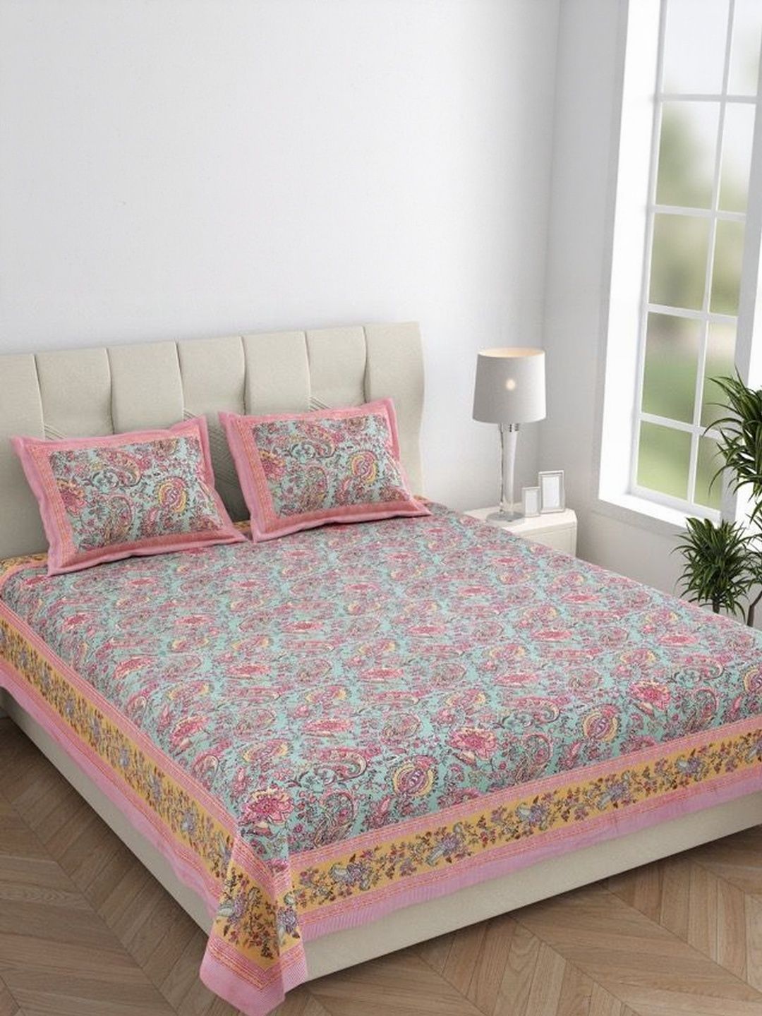 elanorhomes Pink Printed Cotton 240 TC King Bedsheet With 2 Pillow Covers 107