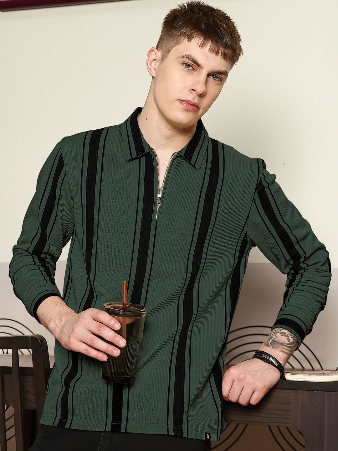 Maniac Men Striped Polo Collar T-shirt