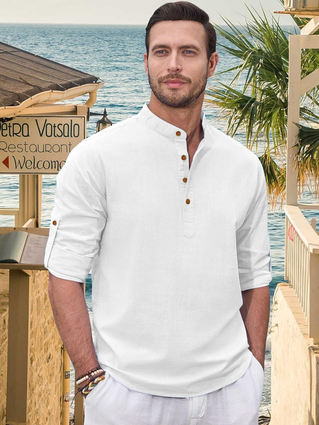 ZELINCO Mandarin Collar Roll-Up Sleeves Cotton Straight Kurta