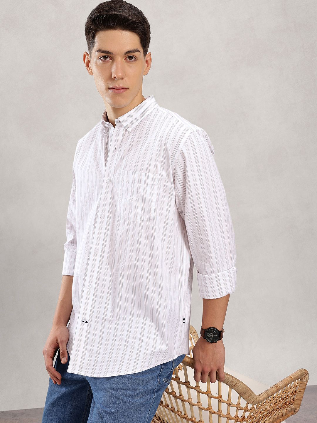 Nautica Slim Fit Striped Button-Down Collar Pure Cotton Casual Shirt