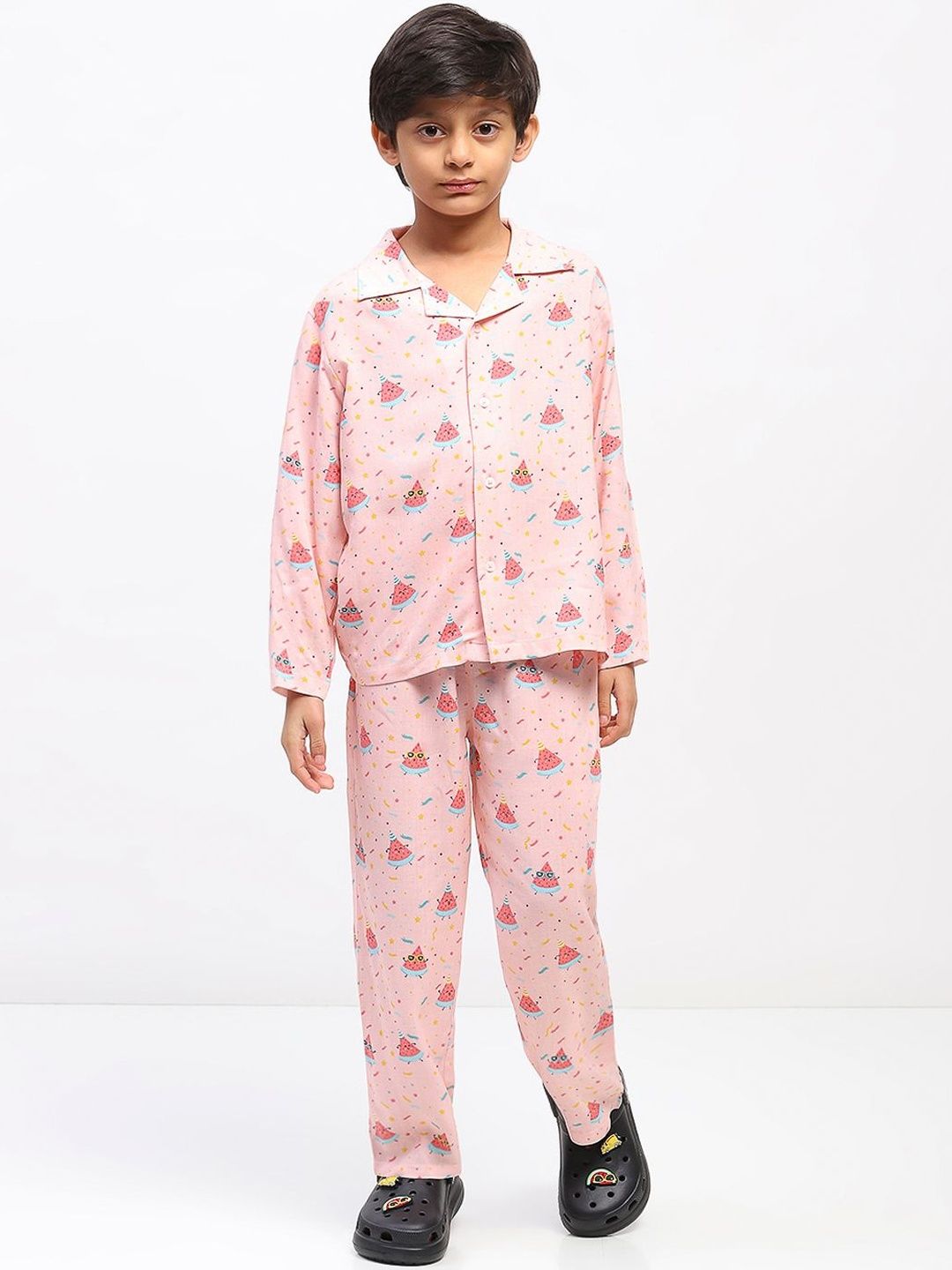SPUNKIES Boys Lapel Collar Graphic Printed Night suit