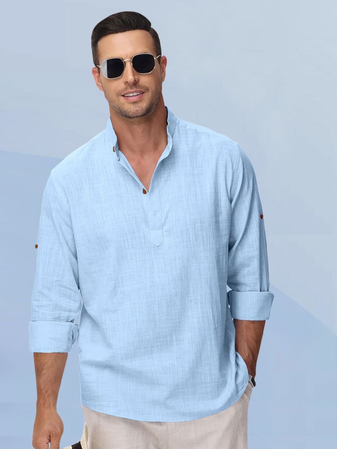 ZELINCO Mandarin Collar Roll-Up Sleeves Straight Short Kurta