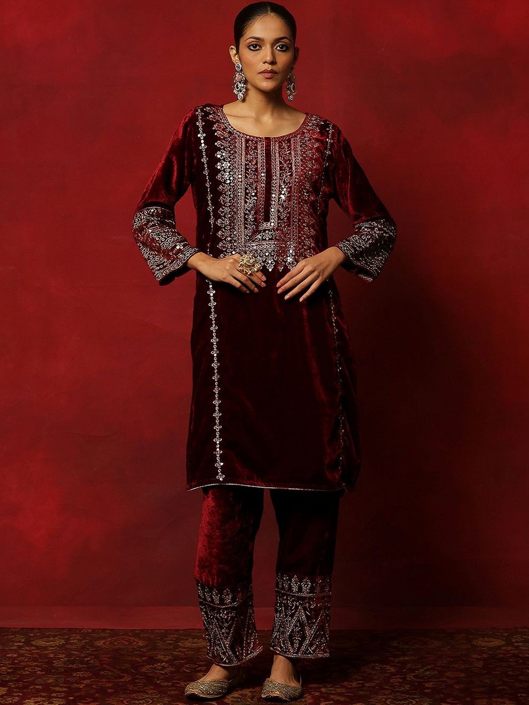 House of Chikankari Women Maroon Velvet Embroidered Kurta Set