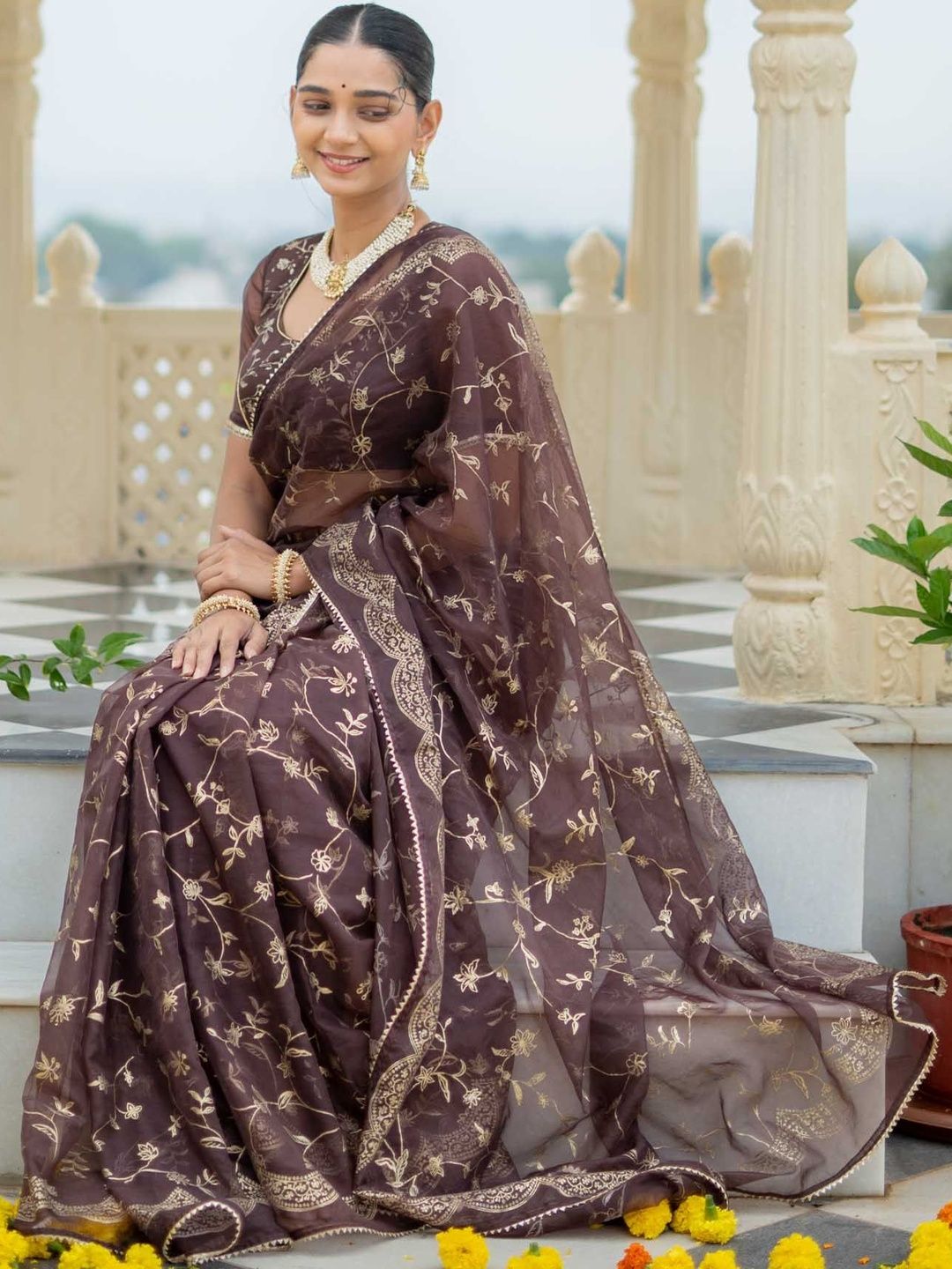 Ethnic Motifs Organza Saree Suta Ethnic Motifs Embroidered Organza Saree