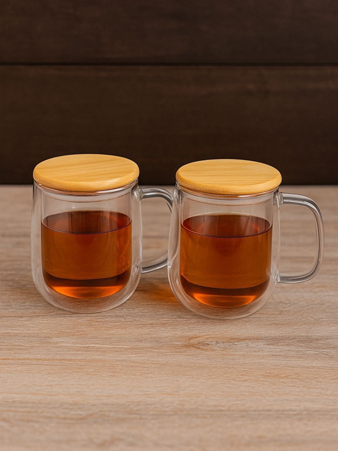 TASKHOUSE Transparent & Brown 2 Pieces Glass Dishwasher Safe Mugs 250ml With Wooden Lid