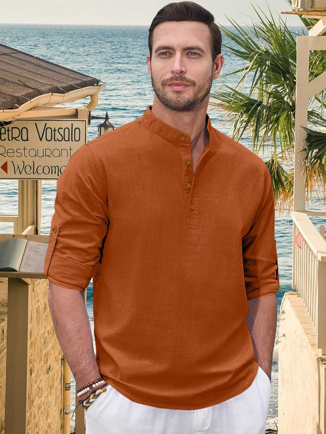 ZELINCO Mandarin Collar Roll-Up Sleeves Straight Short Kurta