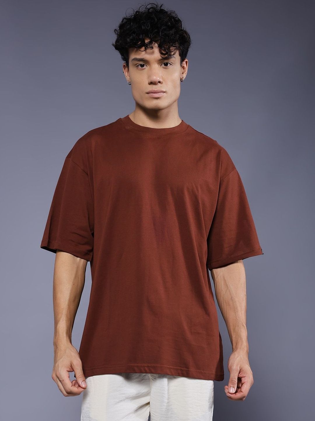 PRONK PRONK Round Neck Drop-Shoulder Sleeves Cotton Oversized T-shirt