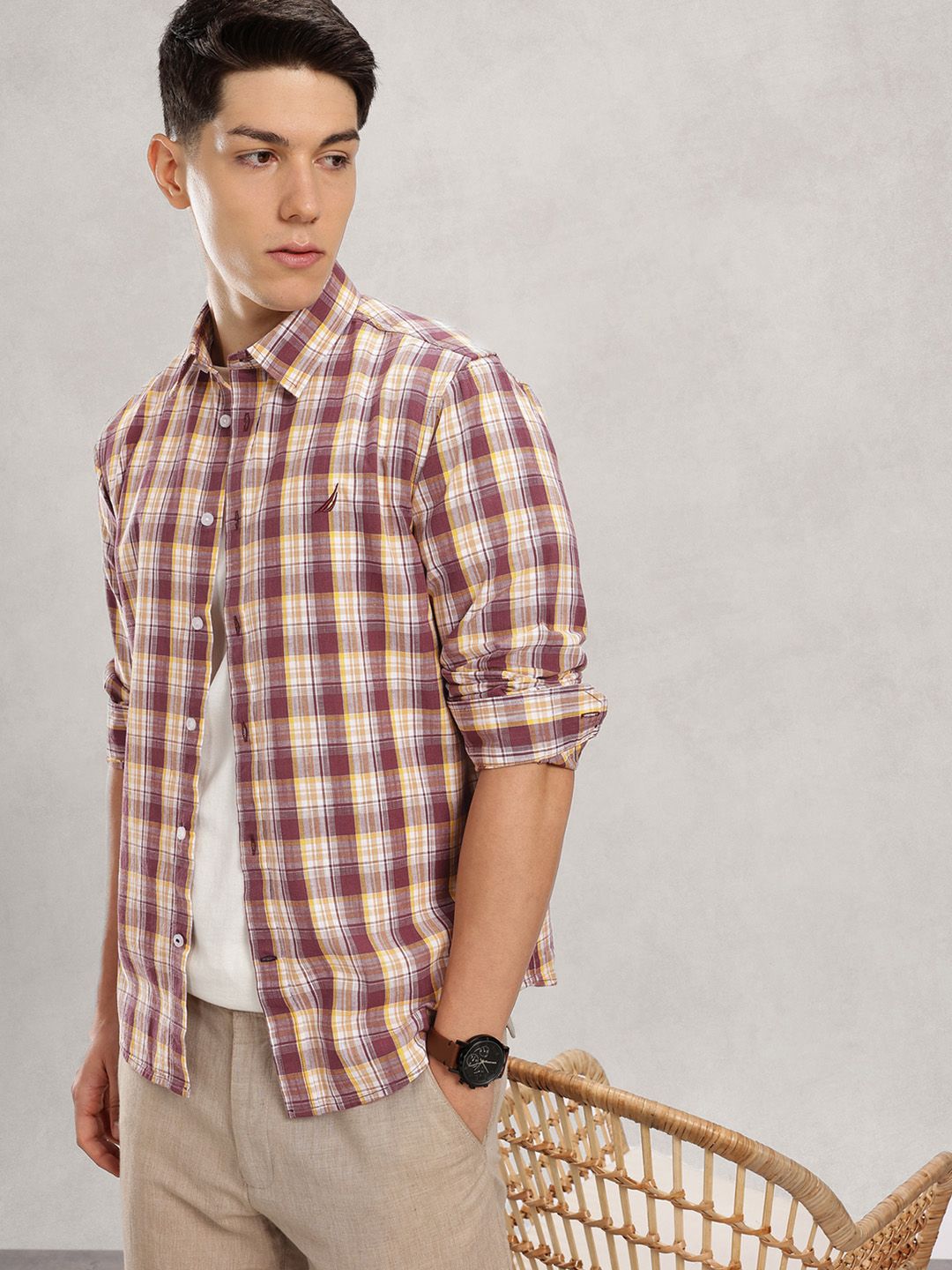 Nautica Slim Fit Tartan Checks Cotton Linen Casual Shirt