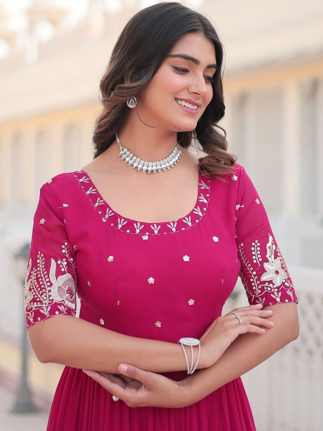 LAZZLY Women Ethnic Motifs Embroidered Sequined Round Neck Tiered Maxi Ethnic Dress