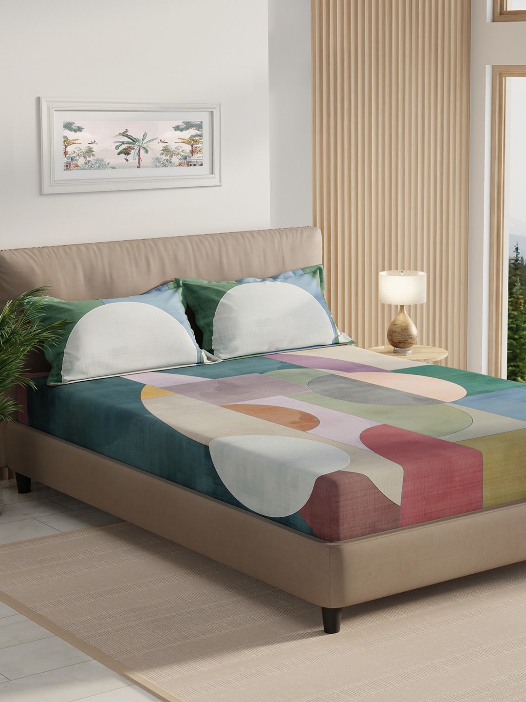 Boutique Living India Boutique Living India Green Printed Pure Cotton 300 TC King Bedsheet Set-2.74 m x 2.74 m