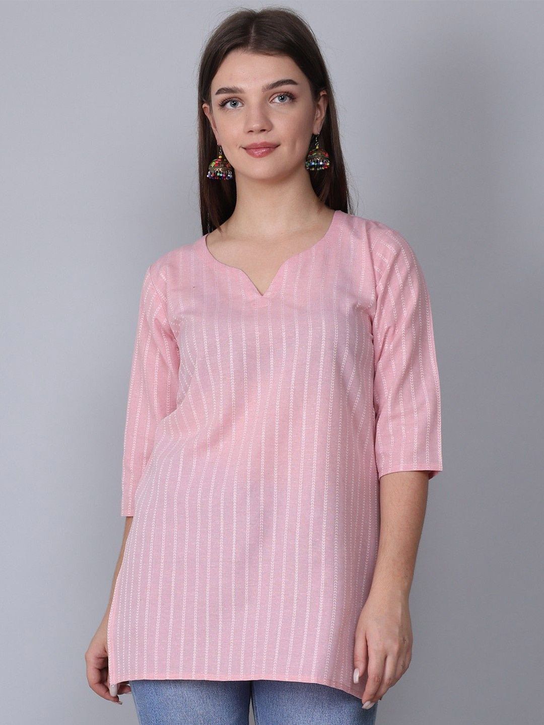 Maadwara Women Striped V-Neck Thread Work Kurti