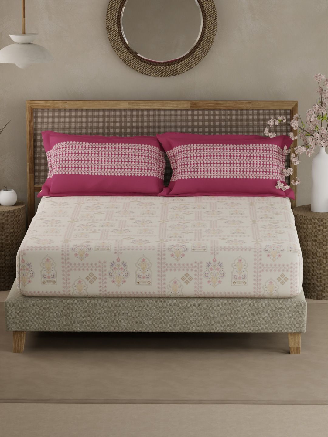 Boutique Living India Boutique Living India Valatia White Pure Cotton 200 TC Queen Bedsheet Set-2.54 m x 2.24 m