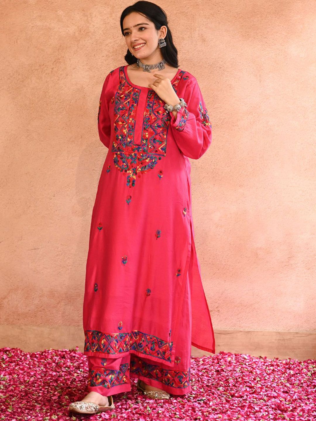 Women Chikankari Kurta Set House of Chikankari Women Magenta Chanderi Chikankari Embroidered Kurta Set