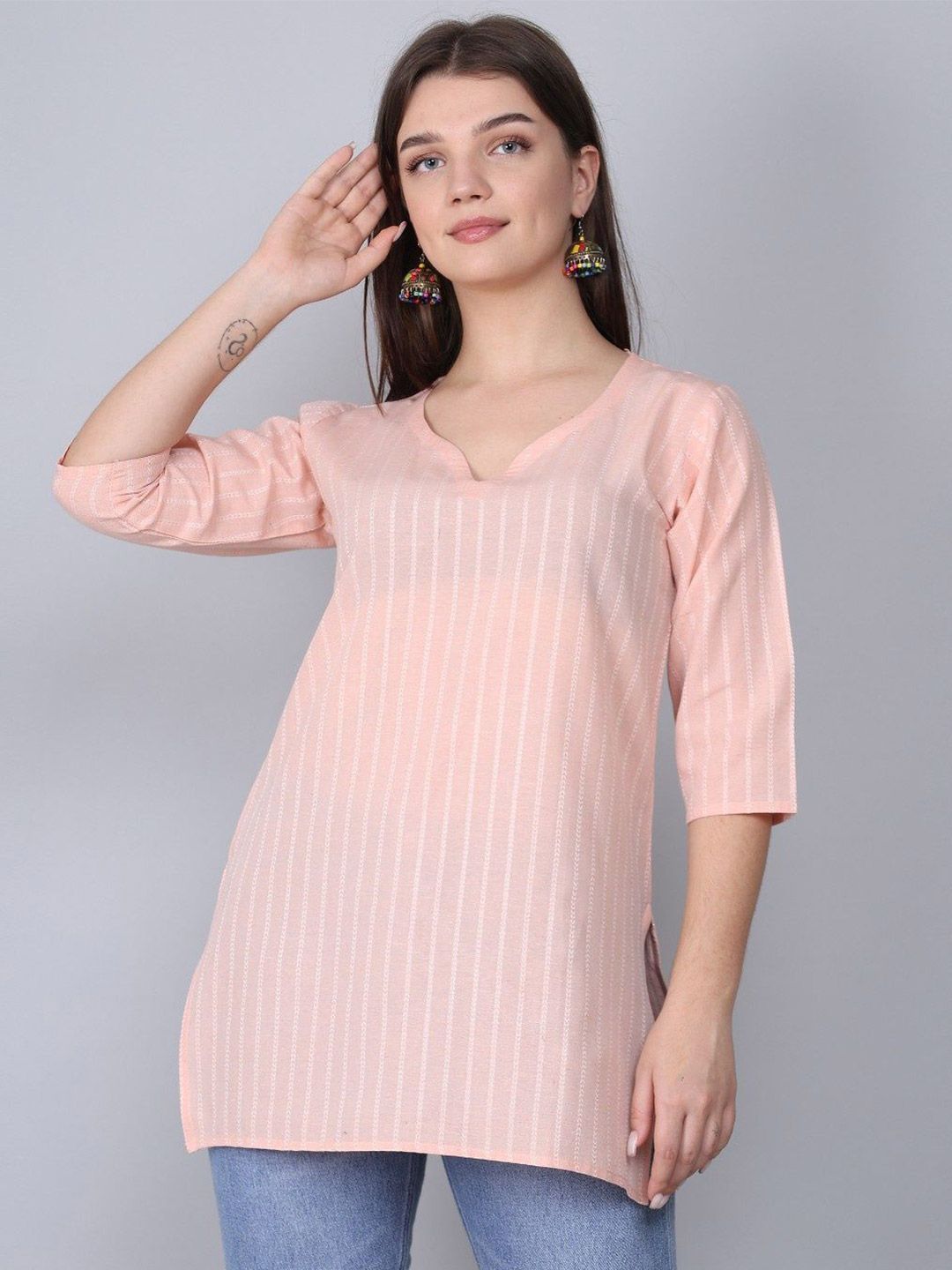 Maadwara Striped Notch Neck Thread Work Straight Kurti