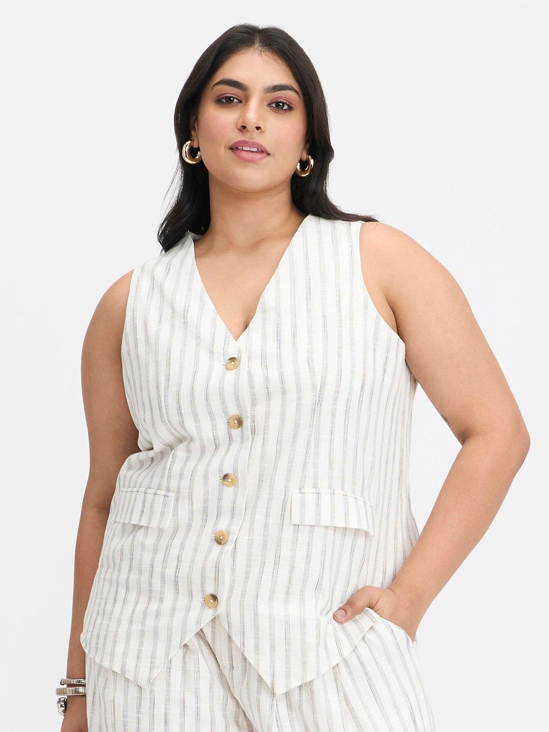 Women Striped Top Virgio Plus Size Women Striped V-Neck Sleeveless Cotton Top