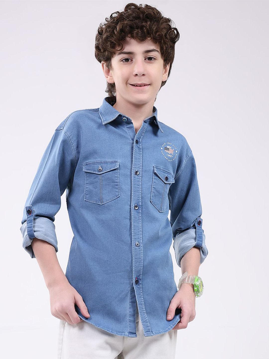 Monte Carlo Boys Spread Collar Roll-Up Sleeves Cotton Casual Shirt
