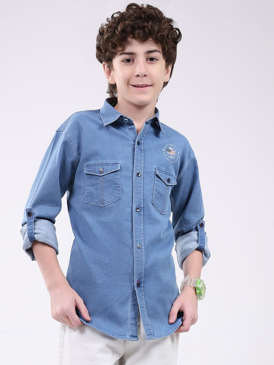 Monte Carlo Boys Spread Collar Roll-Up Sleeves Cotton Casual Shirt