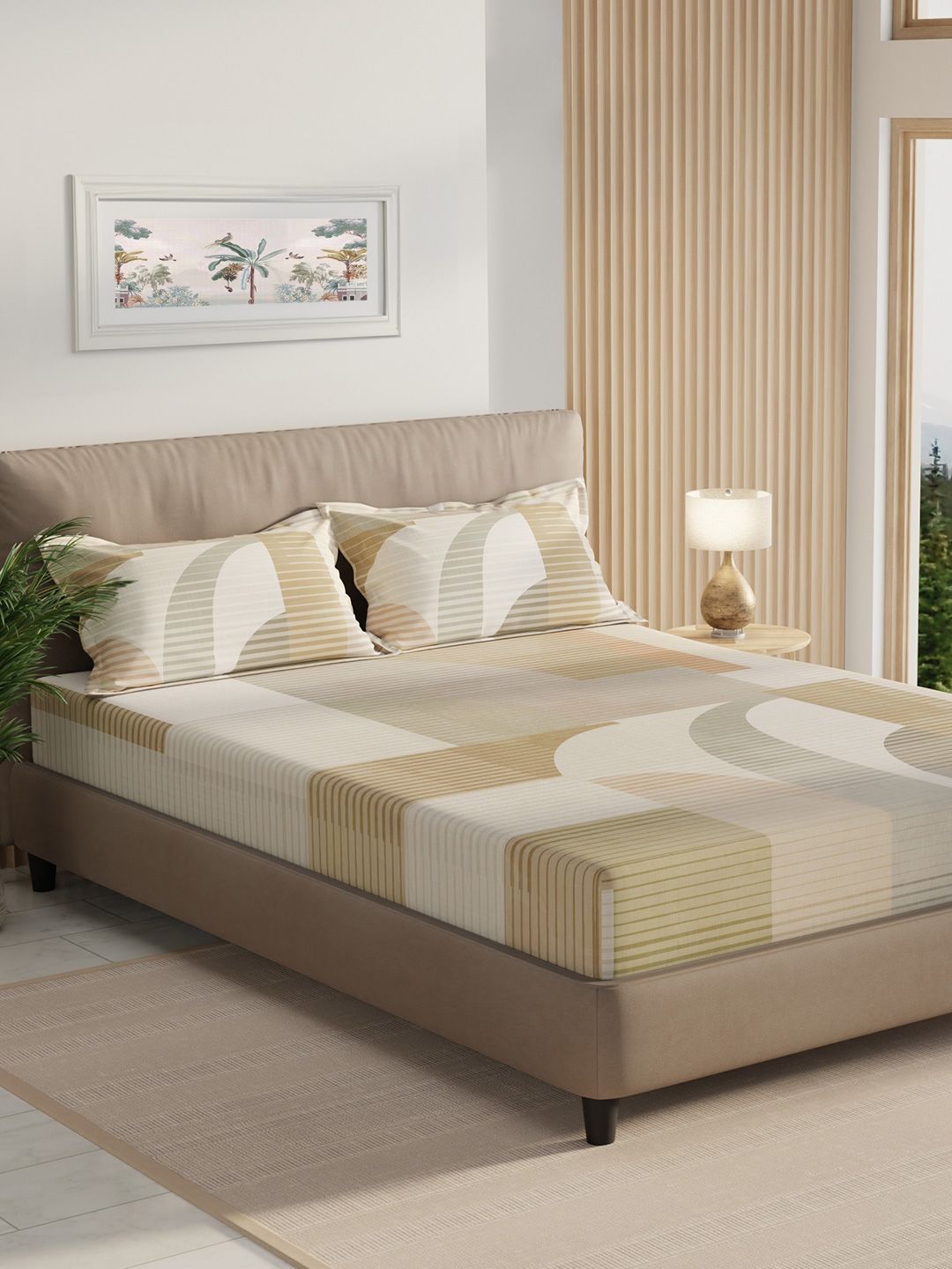 Boutique Living India Boutique Living India Beige Striped Pure Cotton 300 TC King Bedsheet Set-2.74 m x 2.74 m