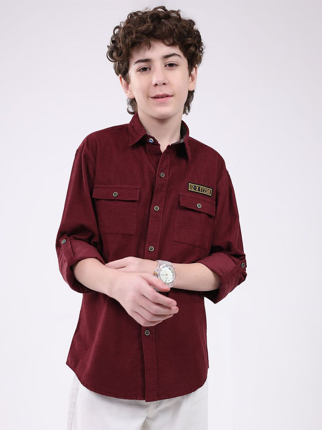 Monte Carlo Boys Spread Collar Roll-Up Sleeves Cotton Casual Shirt
