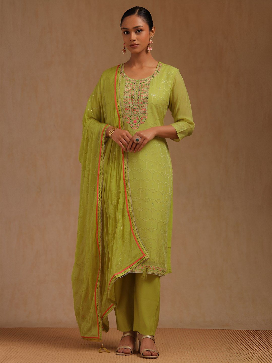 Embroidered Straight Kurta Set Soch Ethnic Motifs Embroidered Organza Straight Kurta With Trousers & Dupatta