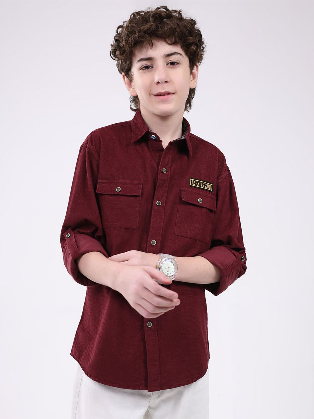 Monte Carlo Boys Spread Collar Roll-Up Sleeves Cotton Casual Shirt