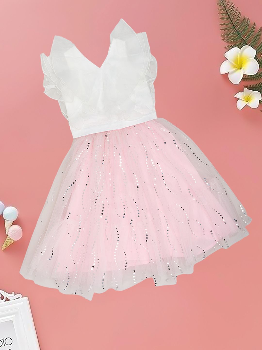 Pantaloons Junior Girls Self Design Embellished V-Neck Fit & Flare Dress