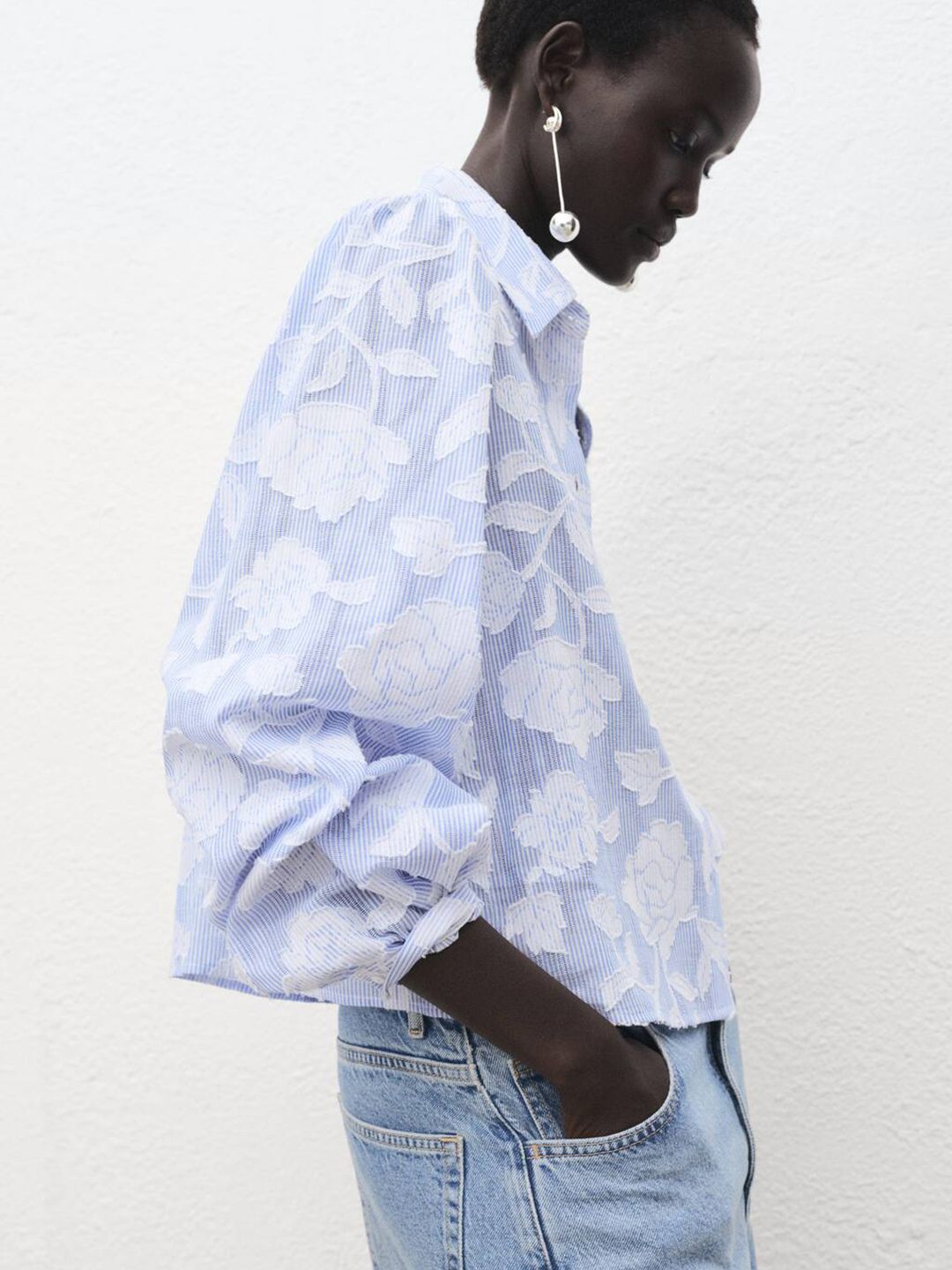 Floral Applique Detail Striped Casual Shirt