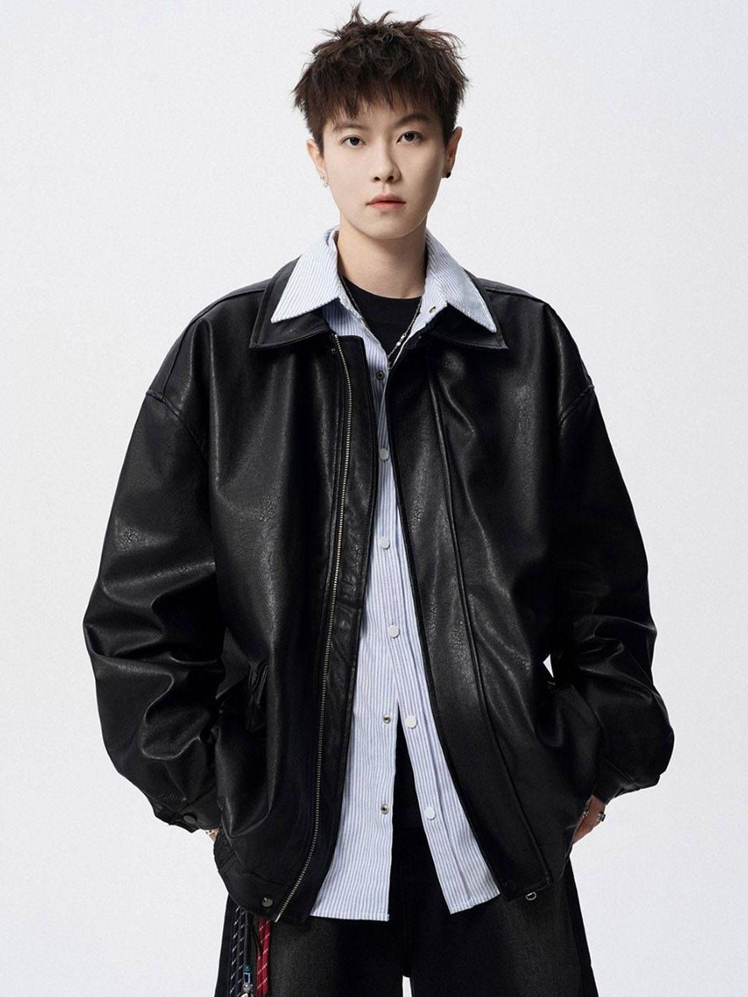 Buy StyleCast Men Spread Collar Long Sleeves Leather Jacket