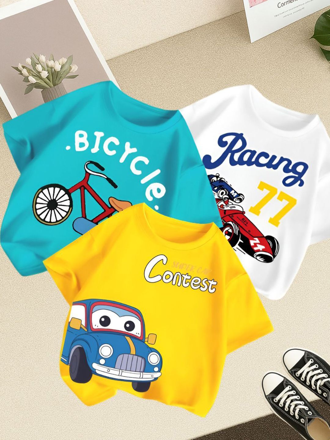 Googo Gaaga Googo Gaaga Kids Pack Of 3 Typography Printed Round Neck Drop-Shoulder Sleeves T-shirts