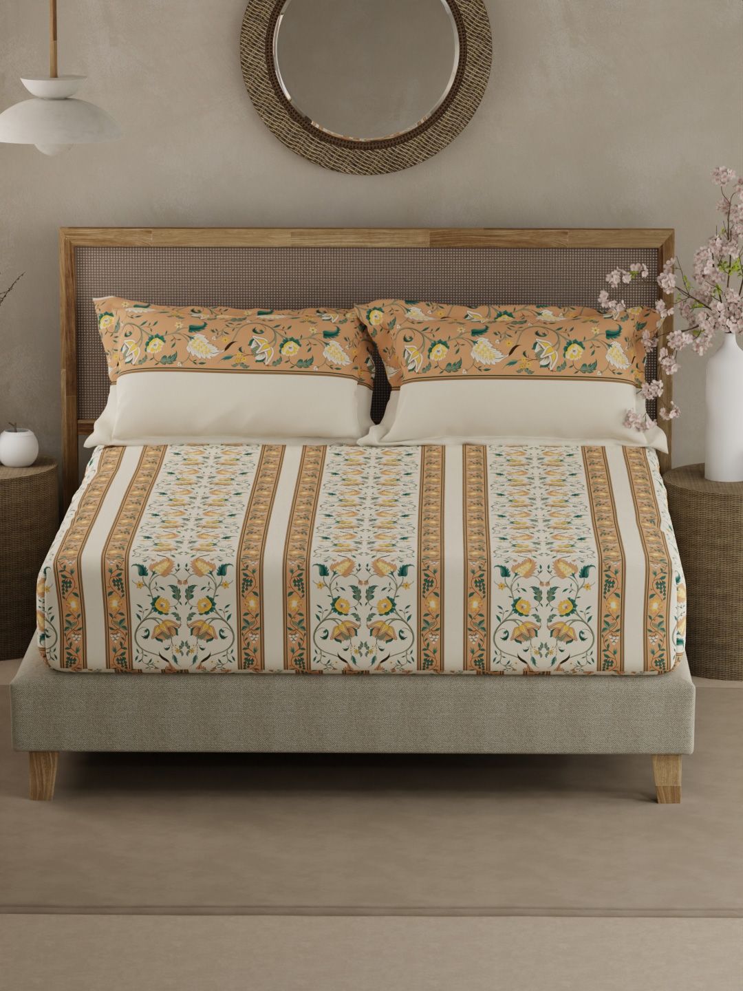 Boutique Living India Boutique Living India Valatia Yellow Pure Cotton 200 TC Queen Bedsheet Set-2.54 m x 2.24 m