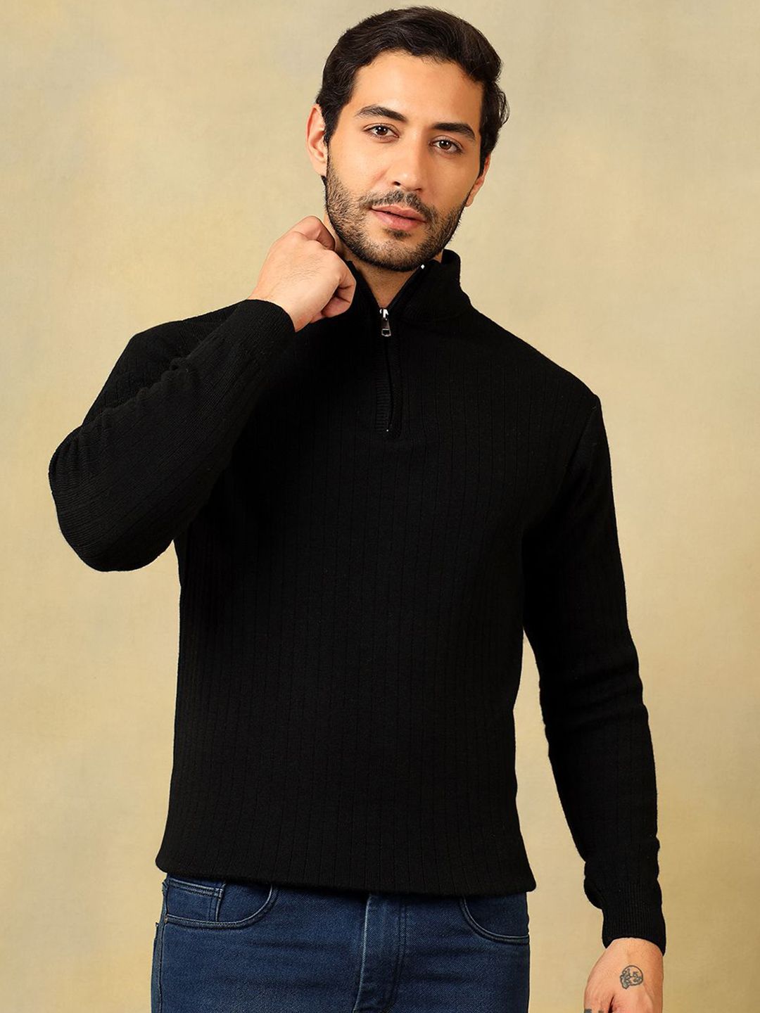 Buy Voxmonks Men Ribbed High Neck Half Zipper Regular Pullover