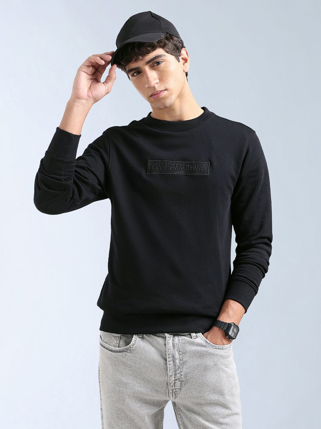 Flying Machine Men Brand Logo Embroidered Cotton Round Neck Sweatshirt