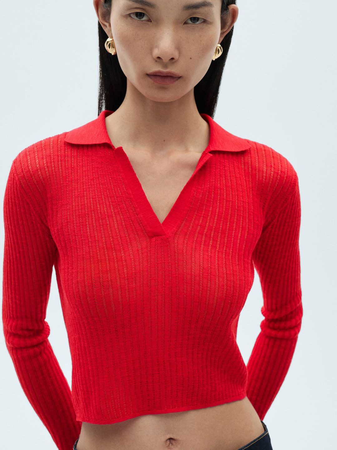 Self-Striped Polo Neck Cropped T-shirt
