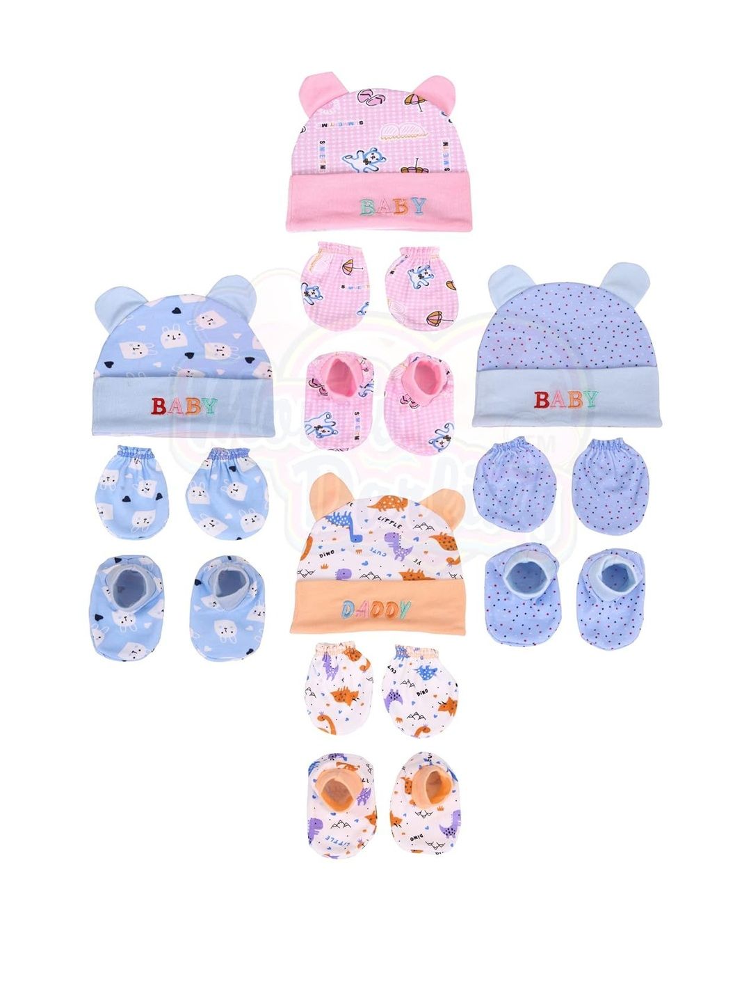 Mom's Darling Kids Pack of 4 Printed Cotton Beanie & Mittens With Booties