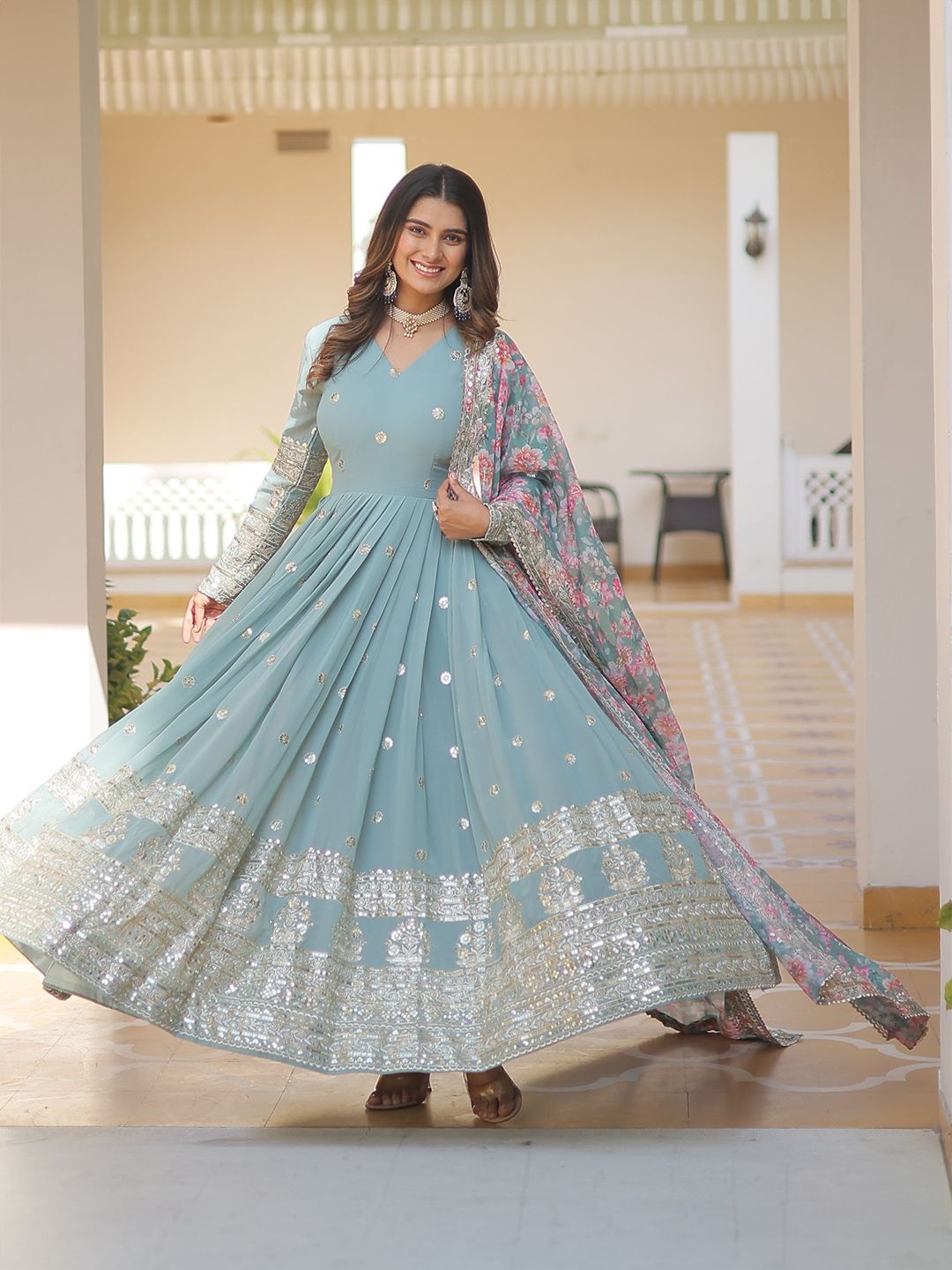 GLOSIA DESIGN Women Ethnic Motifs Embroidered V-Neck Fit and Flare Ethnic Dress