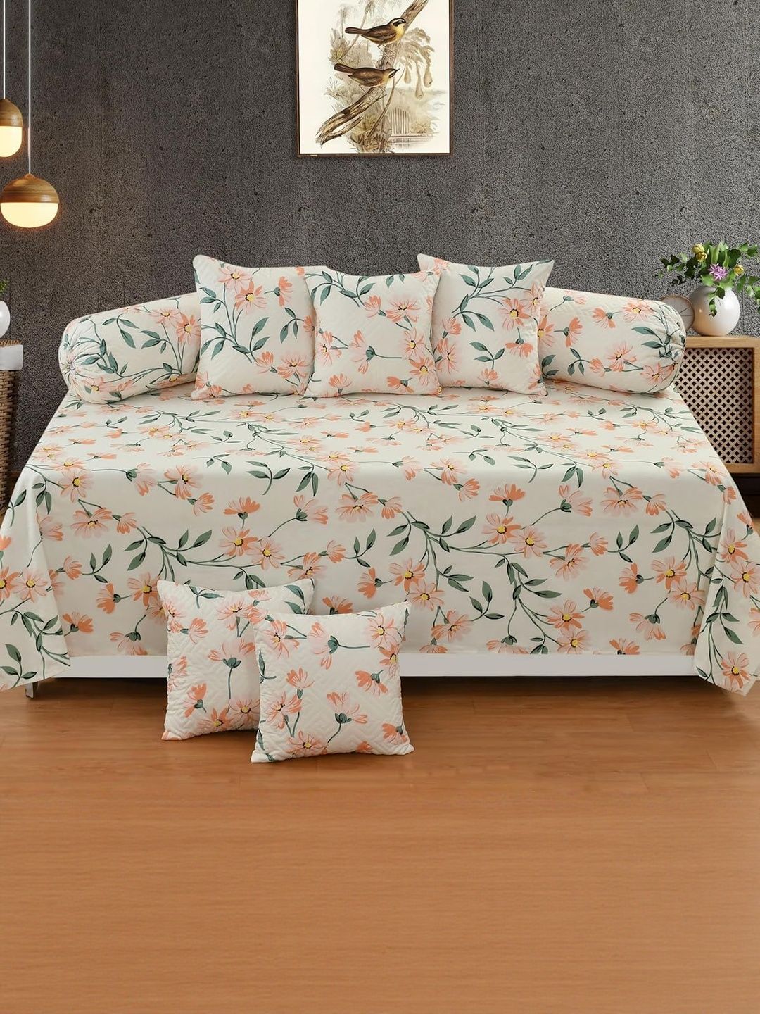 AMRANGE Set of 8 Polycotton Floral Printed Diwan Set