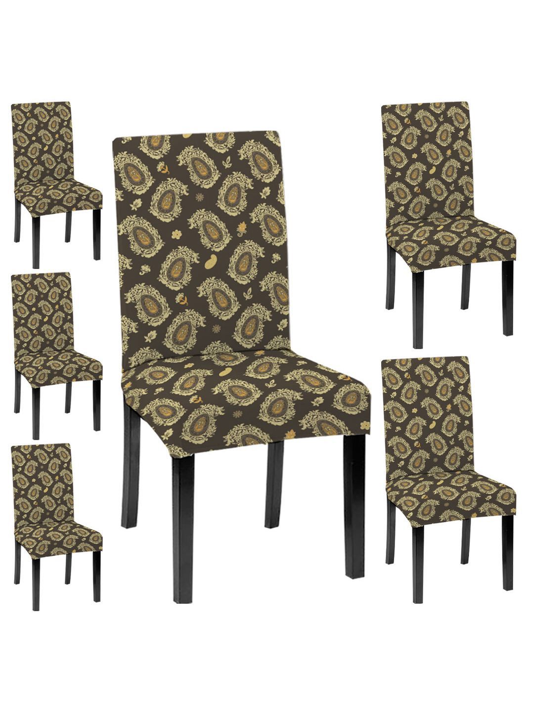 Lazi Brown & Beige 6 Pieces Printed Chair Covers