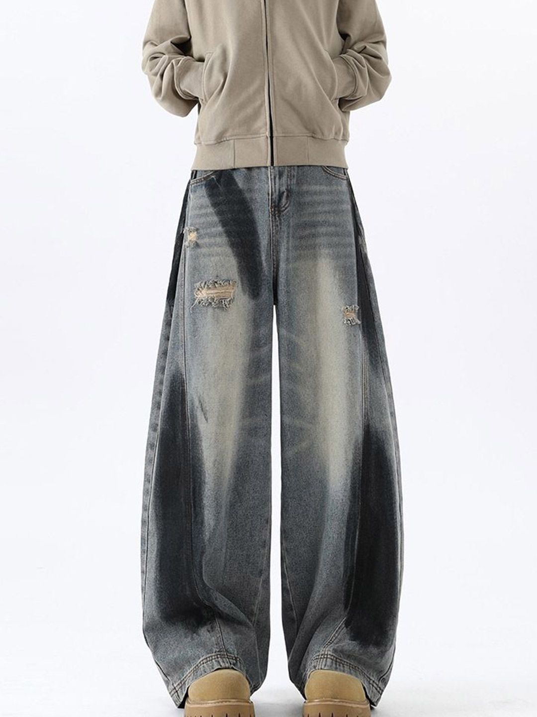 StyleCast x Revolte Men Wide Leg Mid-Rise Mildly Distressed Heavy Fade Jeans