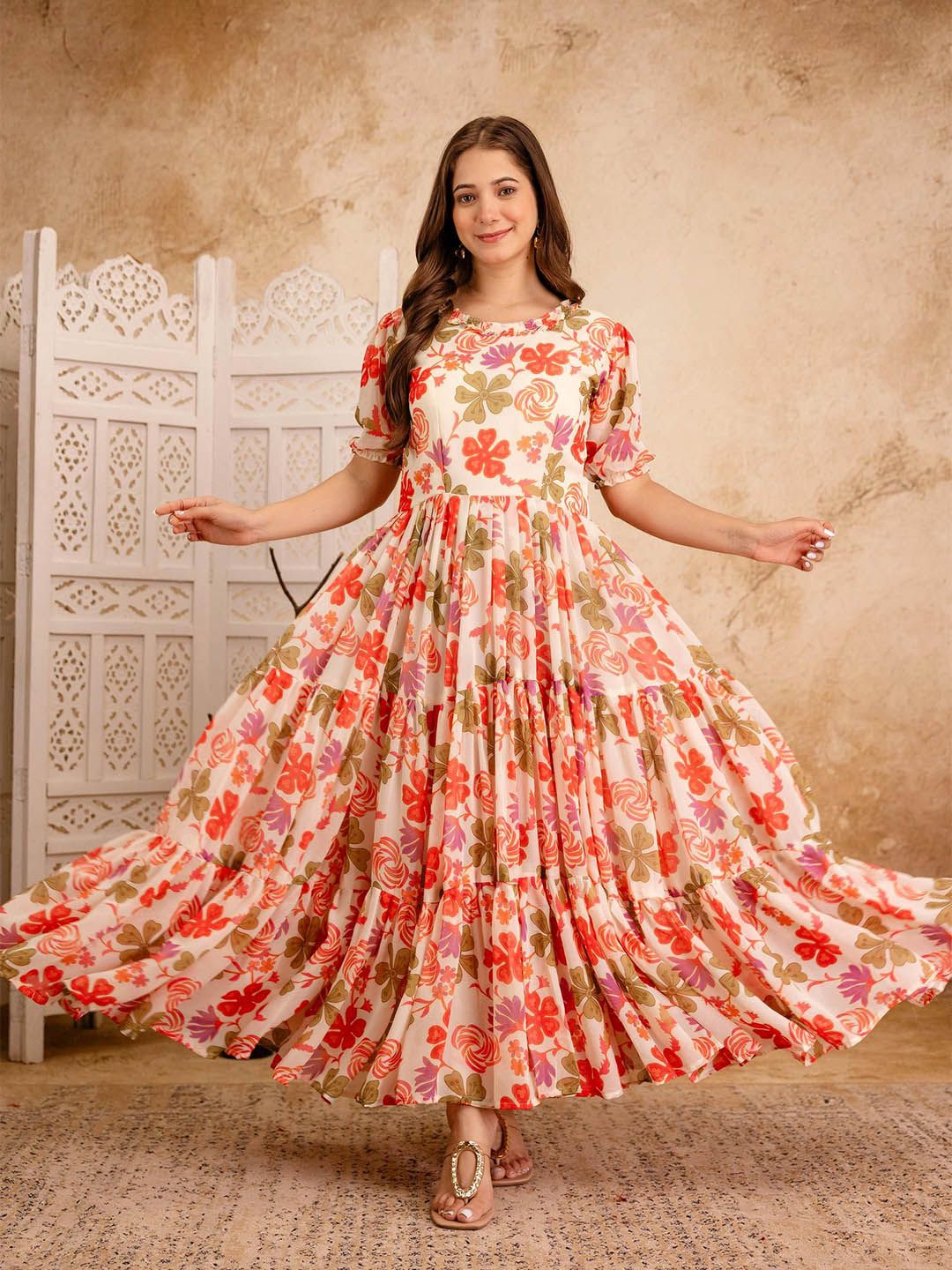 Buy DRUMLIN ENTERPRISE Floral Print Georgette Fit & Flare Tiered