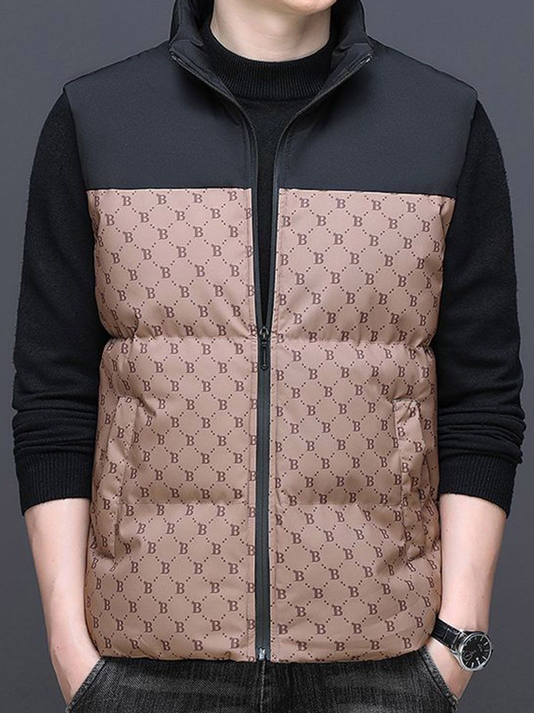 StyleCast x Revolte Men Geometric Printed Mock Collar Padded Jacket