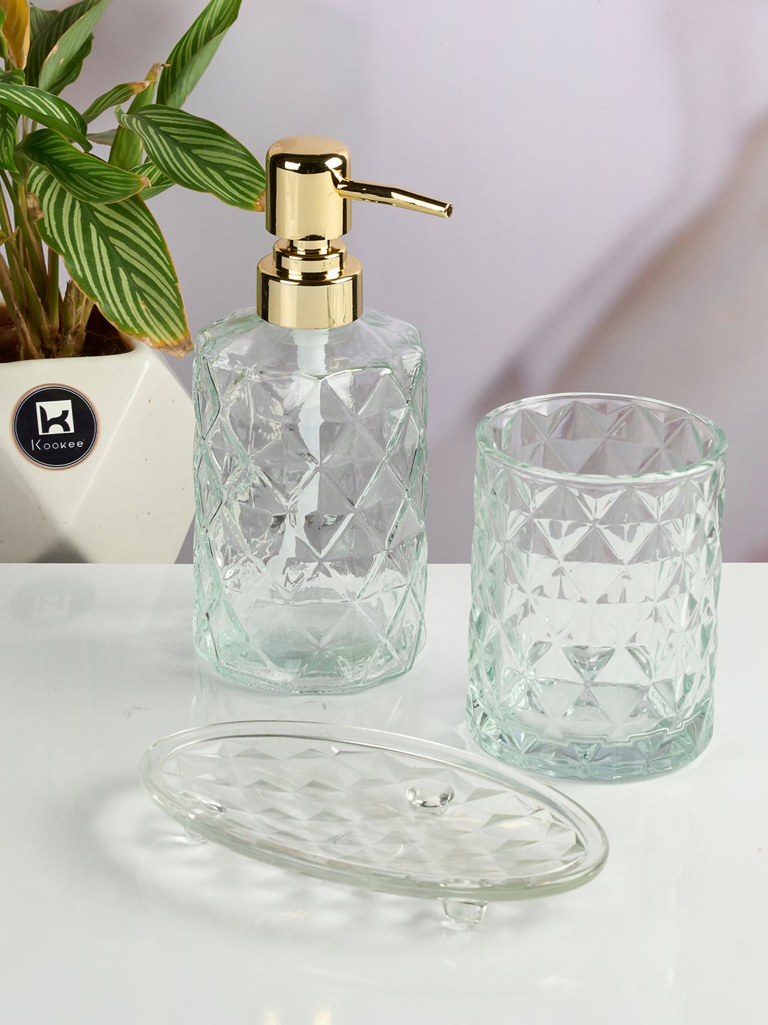 Kookee Transparent 3 Pieces Textured Glass Soap Dispenser