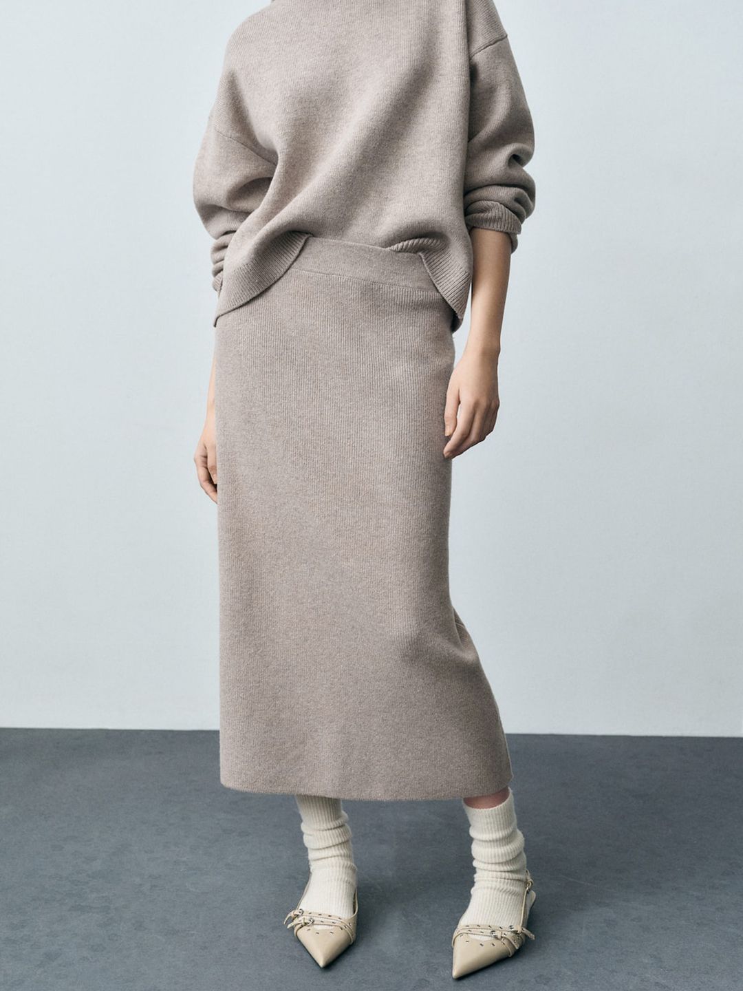 High Waist Ribbed Midi Straight Skirt